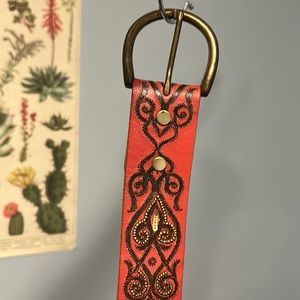 Lucky brand rust colored boho belt with brass buckle and brass beading